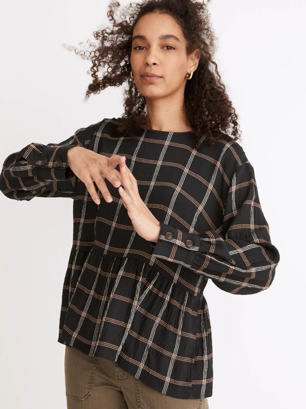 NEW Madewell Plaid Peplum Button-Cuff Top